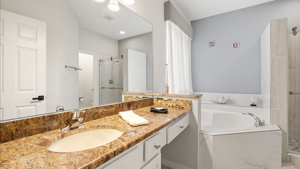 First floor master bath - Tub, dual sinks, toilet and shower