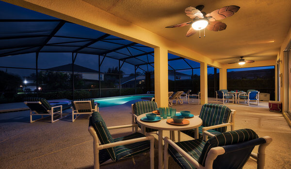 Pool deck area at night