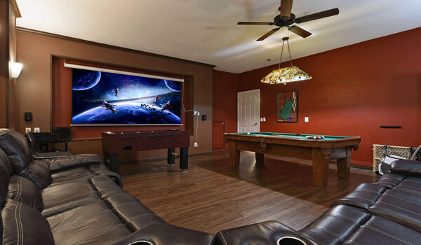 Theater room with 120 inch screen