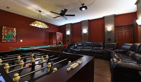 Slate bed pool table in the theater/game-room