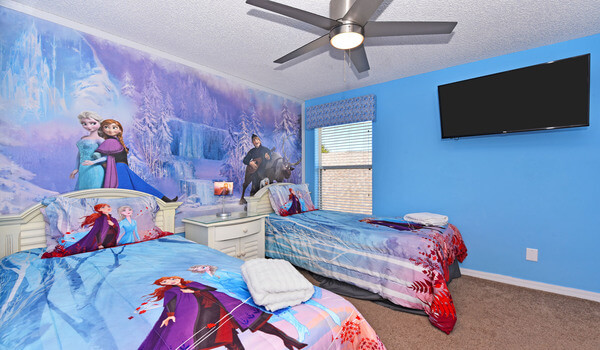 Bedroom #3: Two twin beds with Frozen theme, closet, 43" ROKU-SMART TV