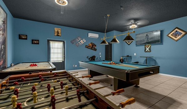 Games-Room is fully air-conditioned and has pool table, foosball table and air-hockey table